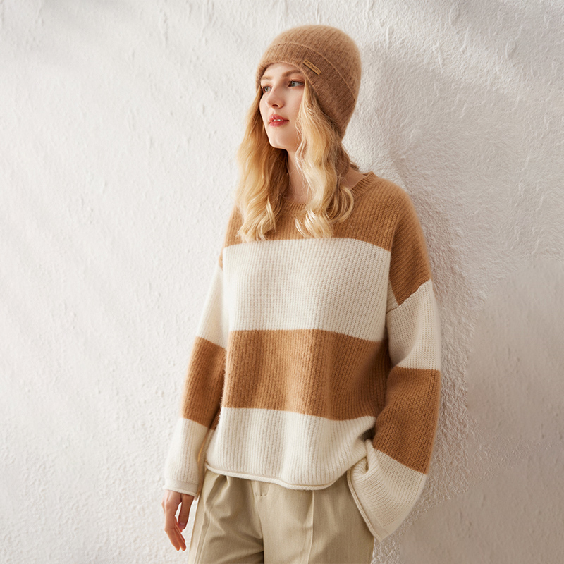 秋冬新款喇叭袖100%山羊绒衫女拼色圆领套头毛衣宽松加厚针织打底