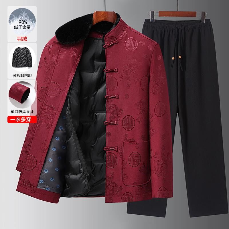 高端羽绒服爷爷唐装男中老年喜爸爸秋冬装老人生日婚宴礼服外套装