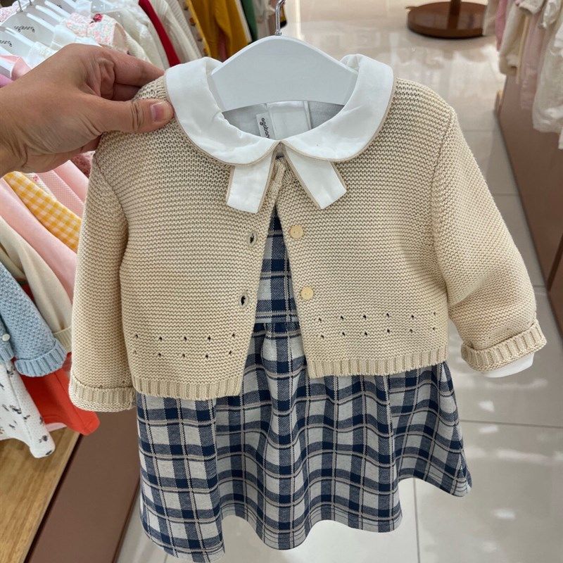韩国童装 24春新款女童白色翻领衬衣格纹背心裙 针织开衫三件套装