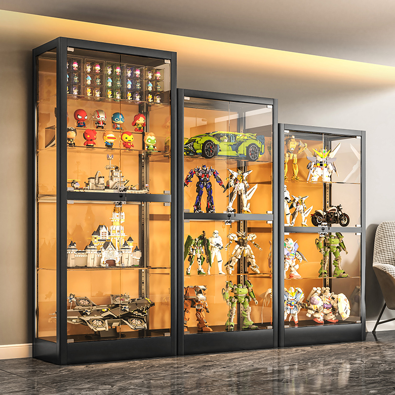 手办柜玻璃展示柜家用防尘透明带灯收纳陈列柜模型储物架客厅书柜