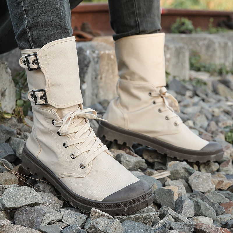 工装靴男英伦风复古长筒马丁靴户外登山鞋透气高帮帆布鞋沙漠靴子