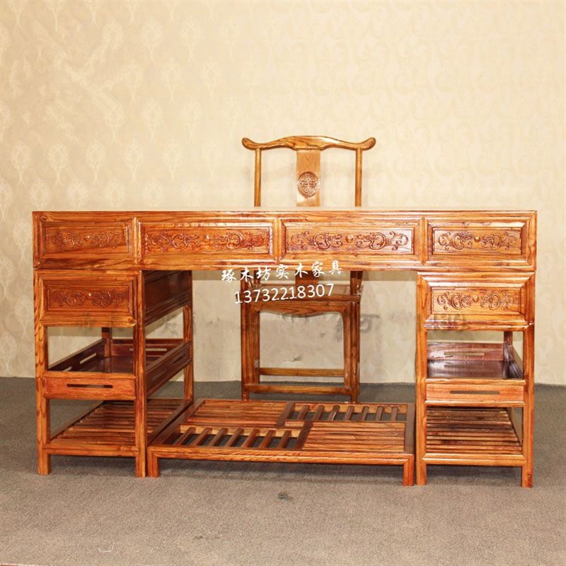 办公桌仿古实木写字台大班台大班桌中式雕花书桌榆木明清电脑桌