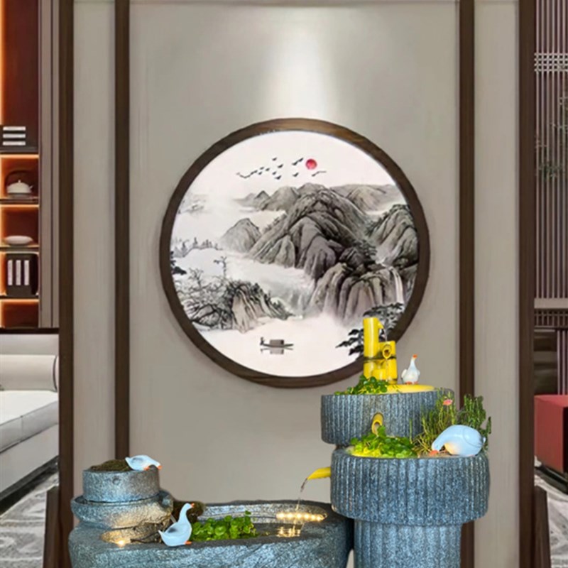 中国风创意水槽鱼池流水石磨摆件工艺品别墅阳台花园户外造景景观