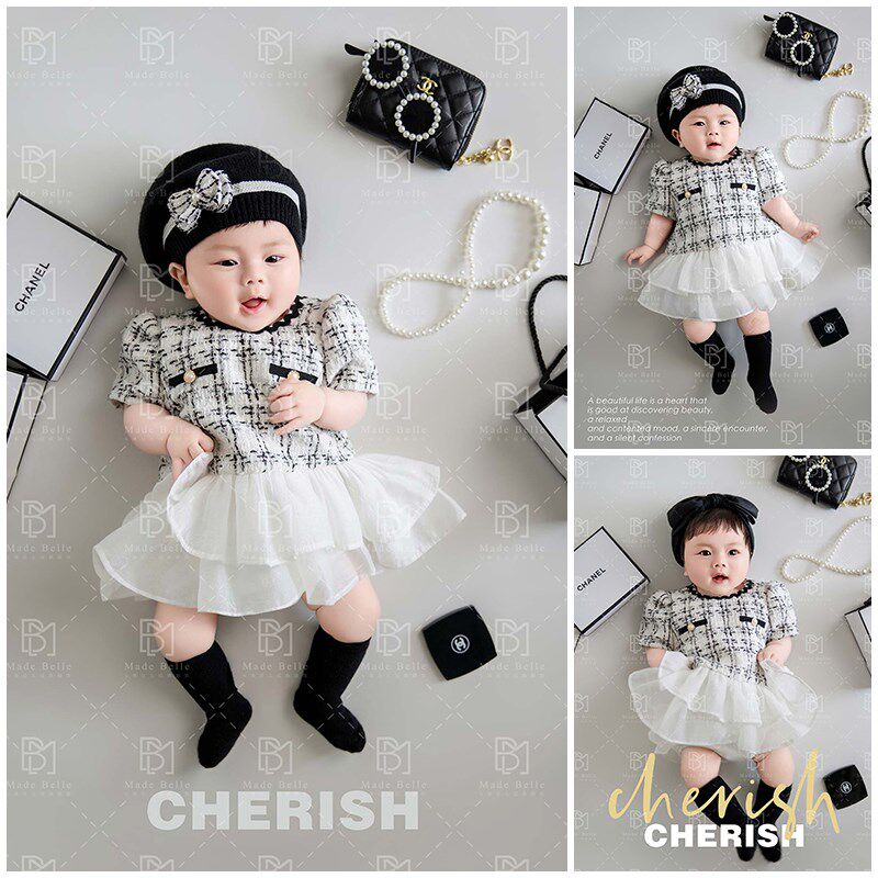 儿童摄影主题服装宝宝百天照婴儿拍照衣服黑白格子纱裙簪花写真照