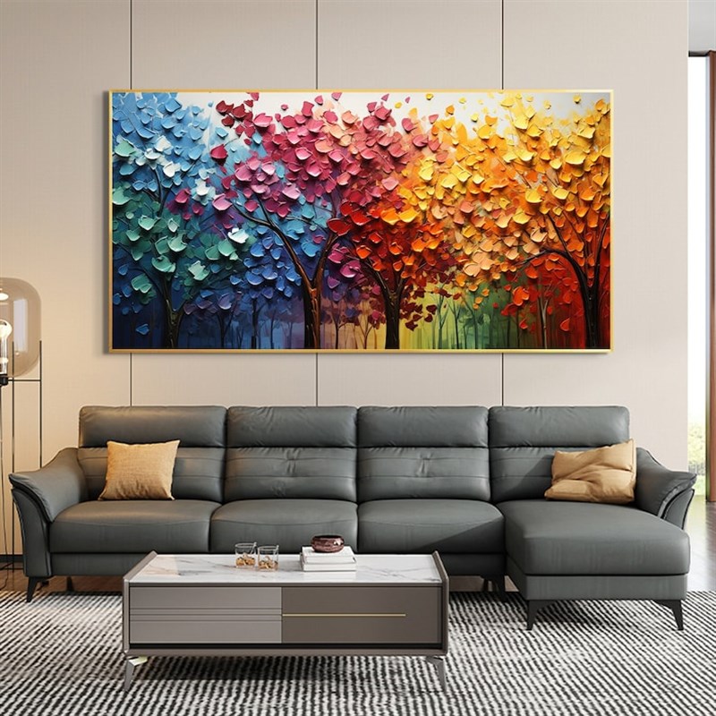 大芬村纯手绘油画抽象发财树客厅装饰画立M体厚油肌理餐厅挂画壁图片