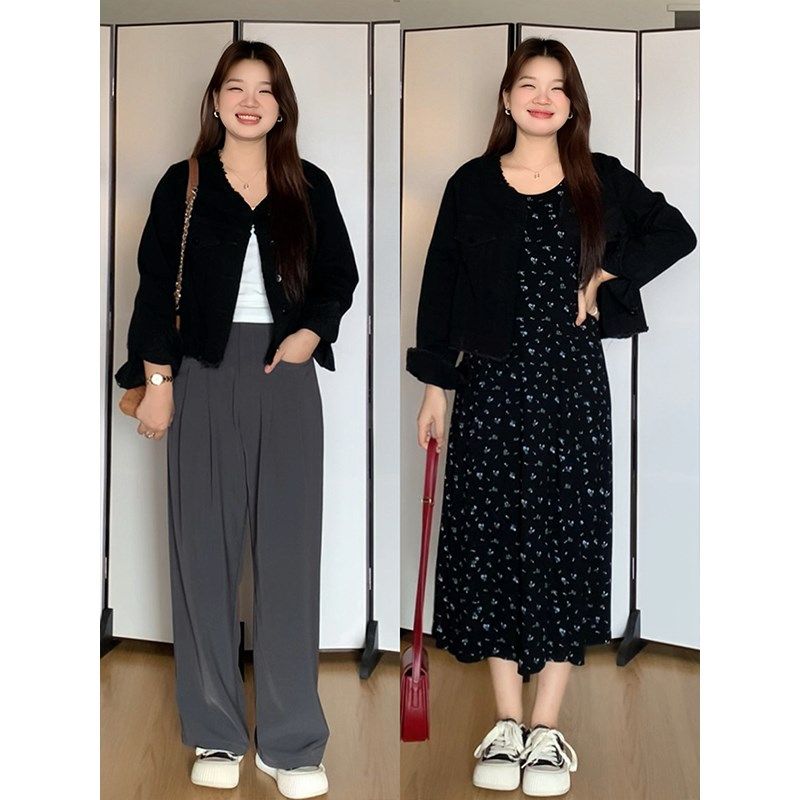 微胖的喵喵 梨形mm秋季显瘦毛边牛仔外套碎花连衣裙大码套装 3673