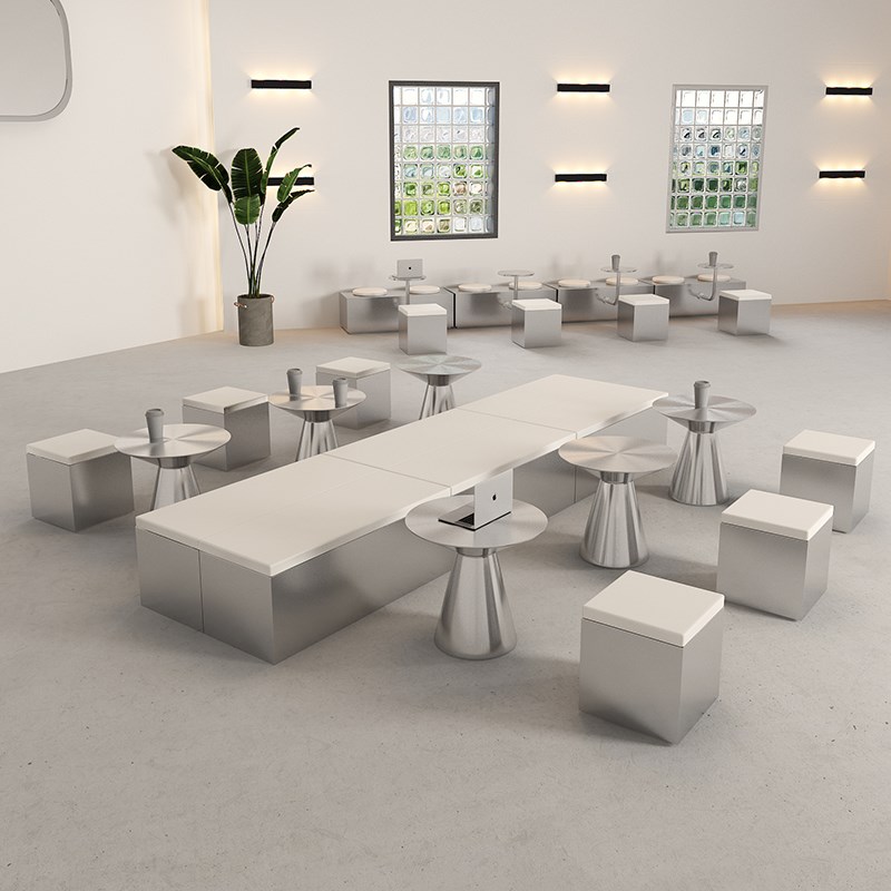 工业风不锈钢咖啡厅奶茶店卡座A沙发靠墙店铺休息区桌椅长条凳定