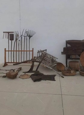 老物件民俗怀旧农具手工提篮风车米斗手推车木犁牛套复古摆件道具