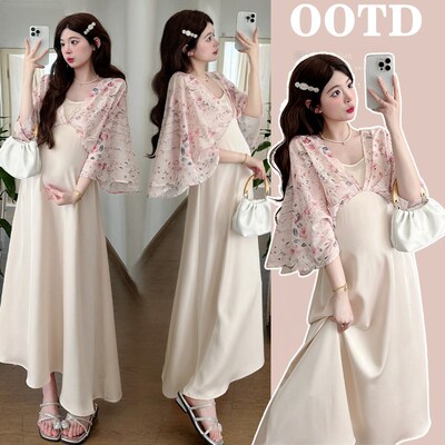 孕妇裙子夏装高级感法式轻奢碎花拼接潮妈裙夏季怀孕期宽松连衣裙