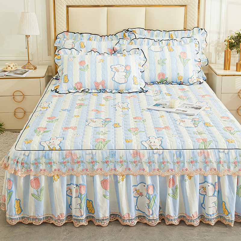 纯棉卡通可爱全棉夹棉床裙u式床罩单件高级感蕾丝花边三件套床围