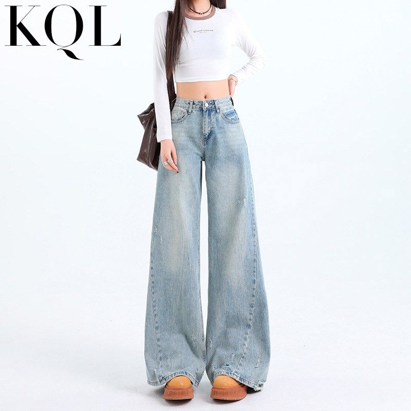 美式复古色牛仔裤女春夏高腰显瘦磨破设计感不贴腿宽松阔腿喇叭裤