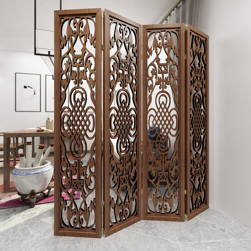 中式屏风隔断简易客厅玄关移动折屏简约现代木质镂空装饰架可折叠