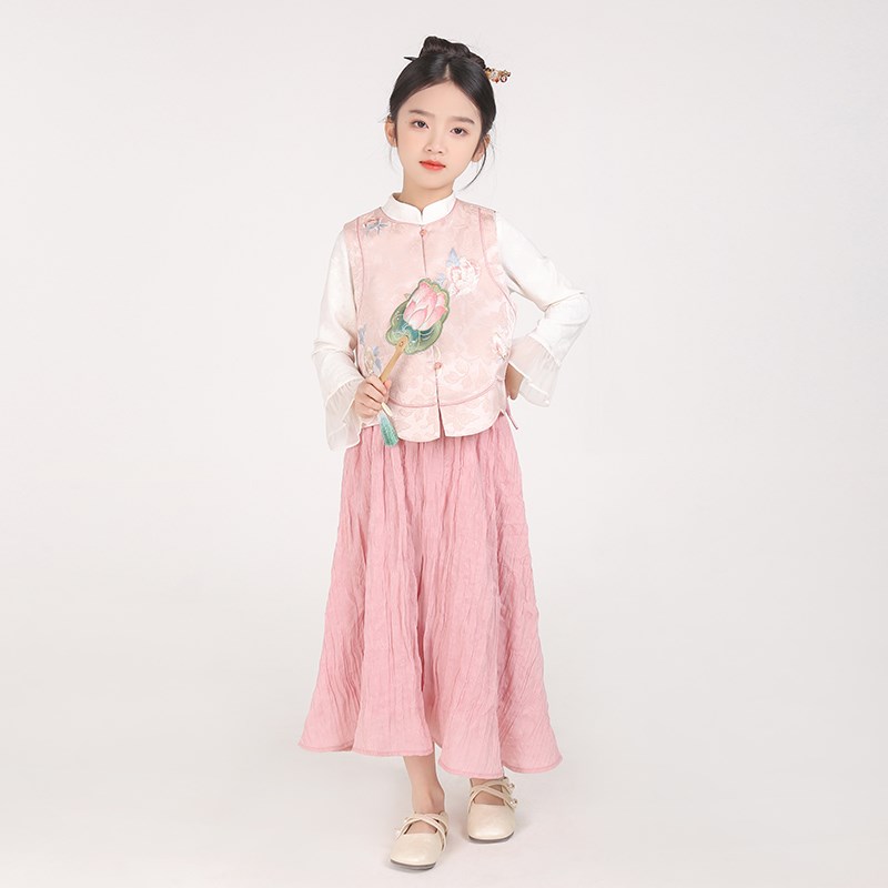 国风童装2025春季新款女童新中式汉服新年战袍拜年服唐装马甲裙子