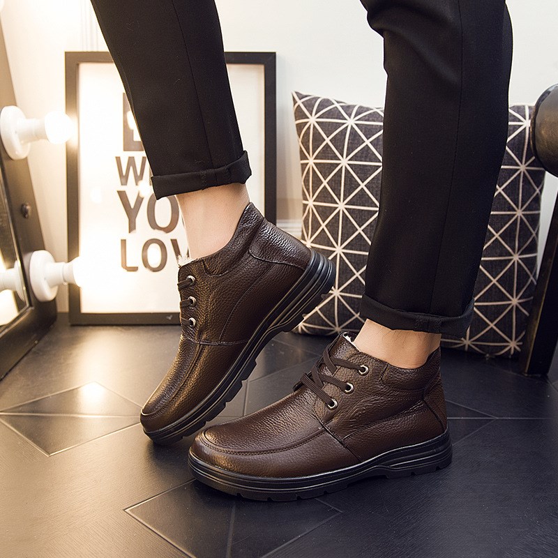 温州工厂真皮男鞋冬系带中老年棉靴保暖加绒爸爸鞋休闲男士棉皮鞋