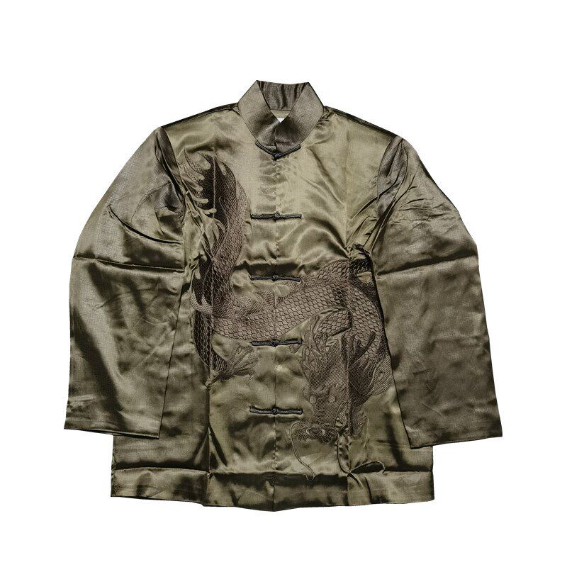 丝滑绸缎质感万针五爪龙刺绣中国风盘扣男士长袖唐装夹克外套Y858