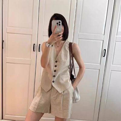 小个子时装套装2024夏款棉麻时髦时尚洋气马甲短裤女两件套女