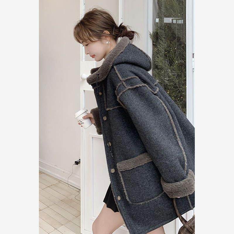连帽中长款毛呢羊羔毛外套女秋冬派克服加绒加厚棉服大衣高级感