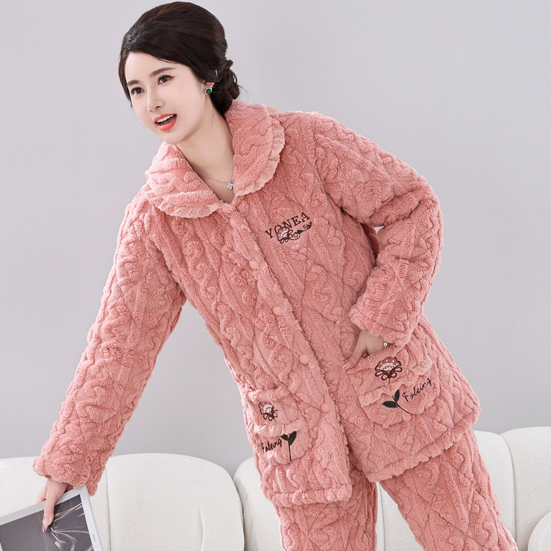 2025年新款秋冬季珊瑚绒睡衣中老年女士加厚加绒三层夹棉妈妈套装,女士内衣/男士内衣/家居服,睡衣/家居服套装,淘宝优惠券,粉丝福利购,淘宝优惠卷