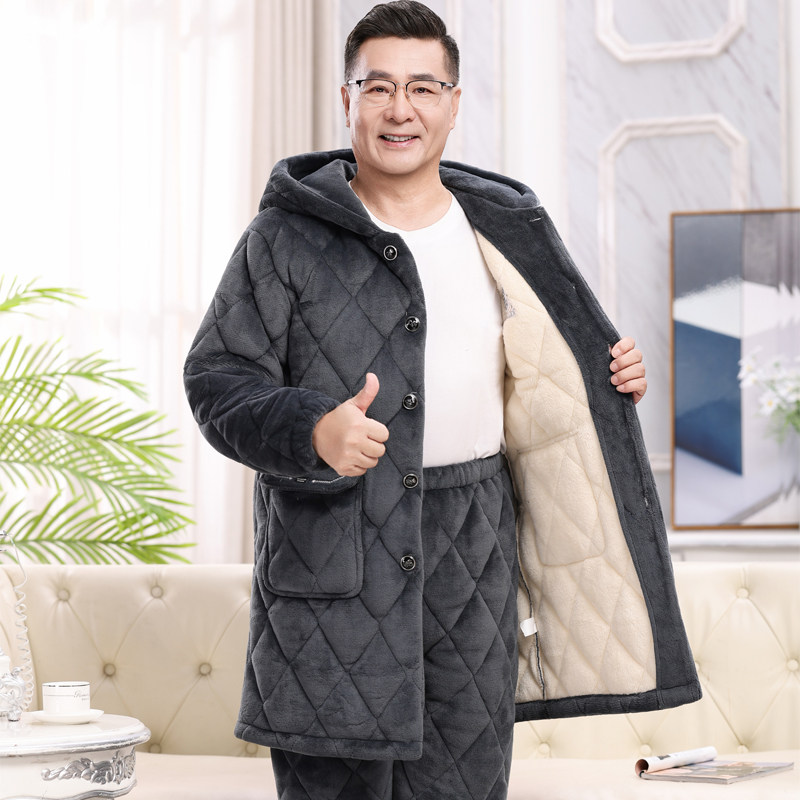 加长连帽睡衣男士三层加厚珊瑚绒保暖加绒中老年爸爸秋冬季家居服