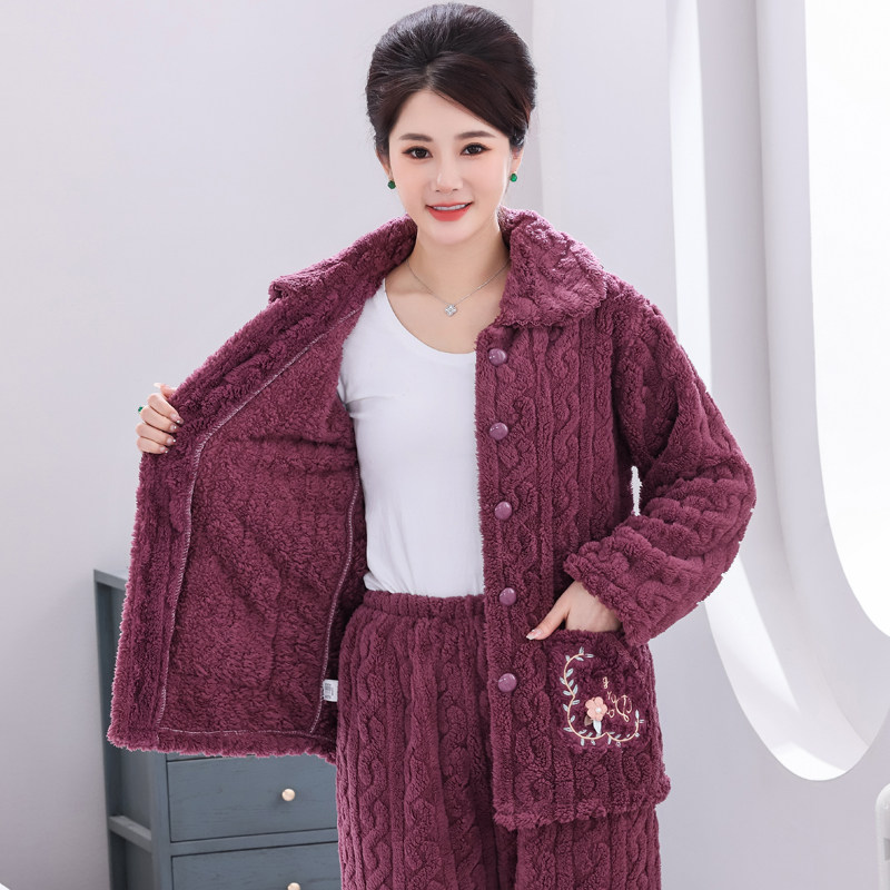 春秋冬季珊瑚绒睡衣女中老年人妈妈中年加厚法兰绒保暖家居服套装