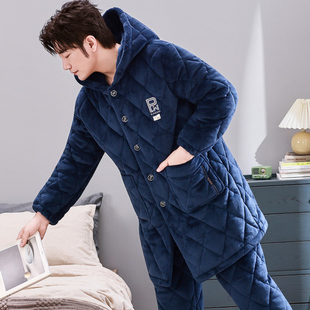 加长款连帽珊瑚绒睡衣男士秋冬季加厚加绒三层夹棉套装保暖家居服