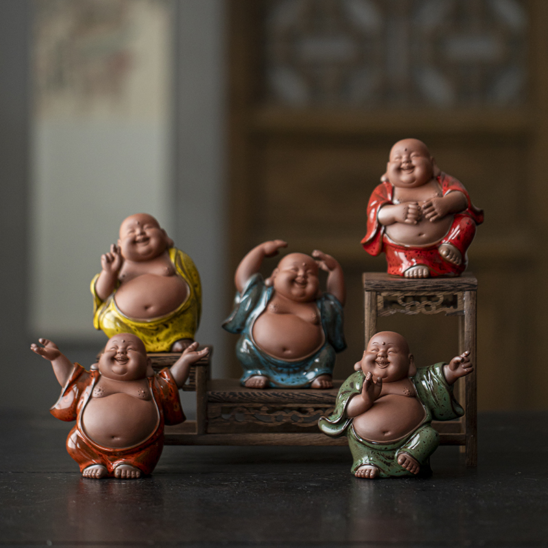 创意陶瓷可爱大肚弥勒佛茶宠摆件禅意笑佛中式茶室博古架禅意装饰