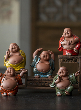 创意陶瓷可爱大肚弥勒佛茶宠摆件禅意笑佛中式茶室博古架禅意装饰