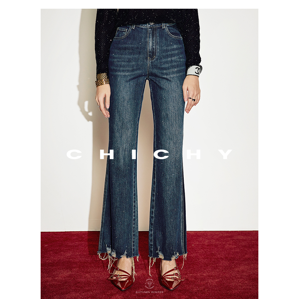 【呼呼专享】CHICHY复古流苏毛边深蓝色烫钻牛仔裤CW6J002251