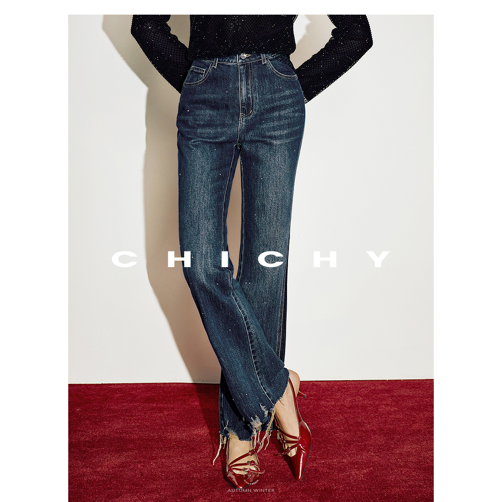 【添添kindiy】CHICHY复古流苏毛边深蓝色烫钻牛仔裤CW6J002251