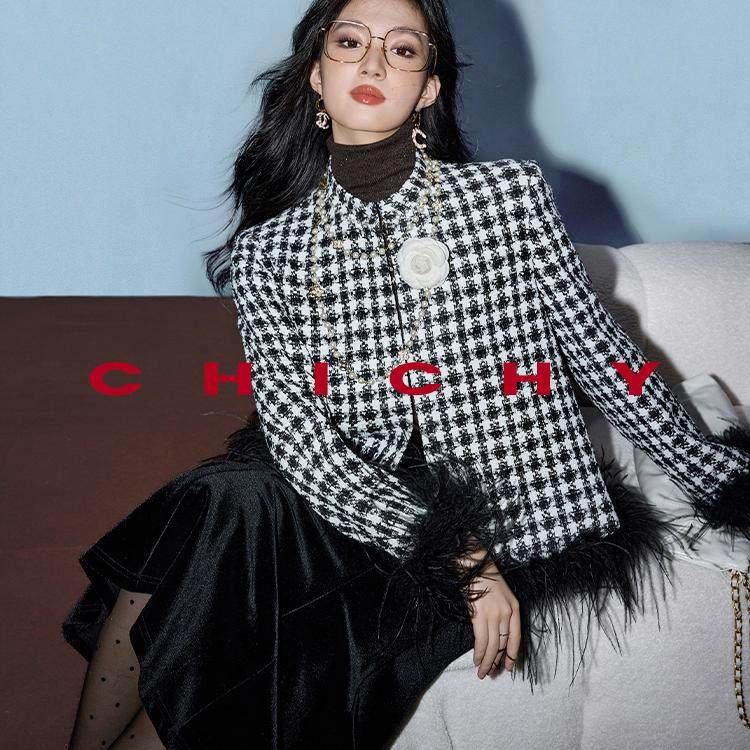 【七七酱直播间】CHICHY复古高级感黑色格纹毛呢外套CC2J001244,女装/女士精品,短外套,淘宝优惠券,粉丝福利购,淘宝优惠卷