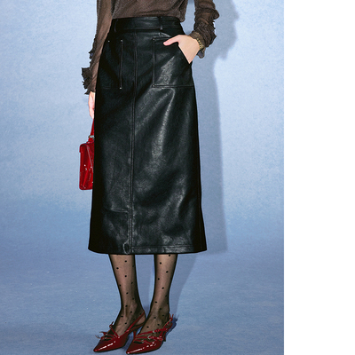 【七七酱直播间】CHICHY法式黑色皮裙高腰a字显瘦长裙CC5C011253