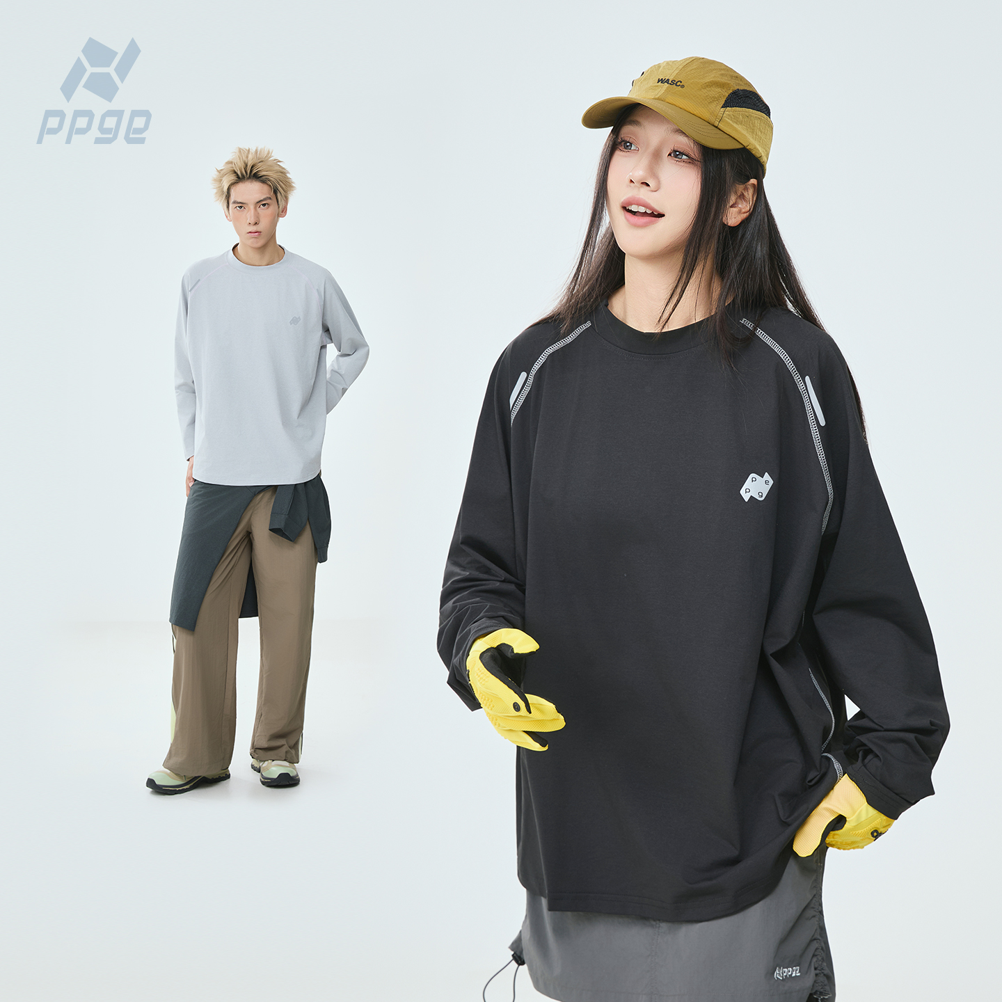 ppge户外山系撞色线条简约跑步速干长袖秋季新款圆领防晒抑菌上衣