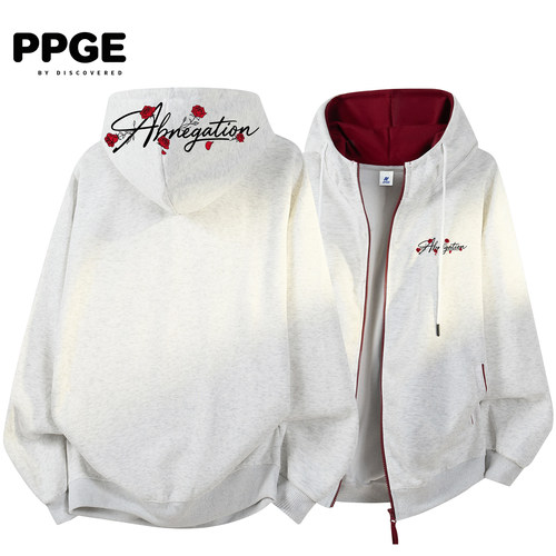 PPGE连帽开衫长袖简约百搭亲肤秋冬季休闲正品印花拼接华棉卫衣