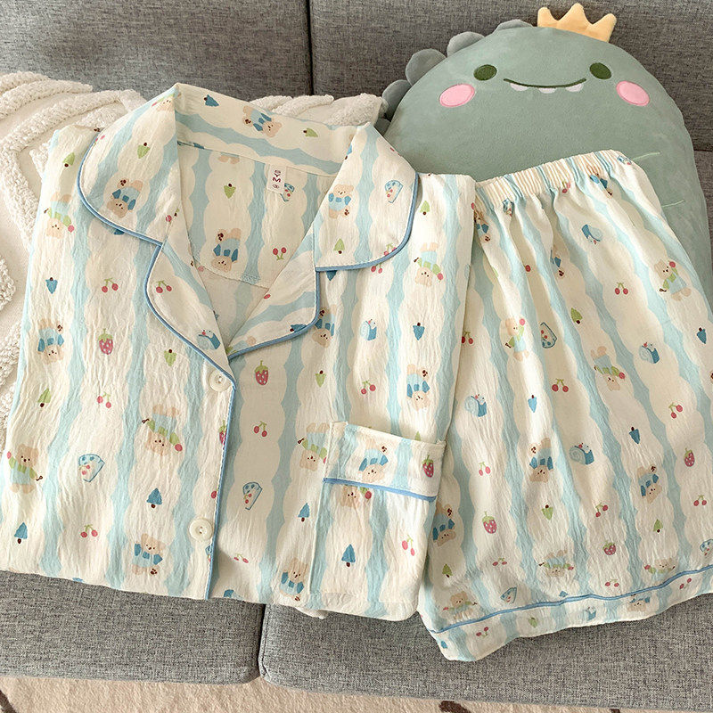 三件套睡衣女款夏季纯棉短袖甜美学生可爱小熊春秋长袖条纹家居服