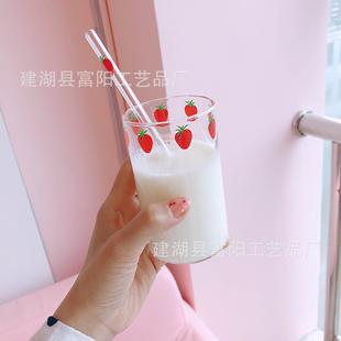 耐高温牛奶杯可爱ins风少女心加热高硼硅耐热透明草莓印花果汁玻