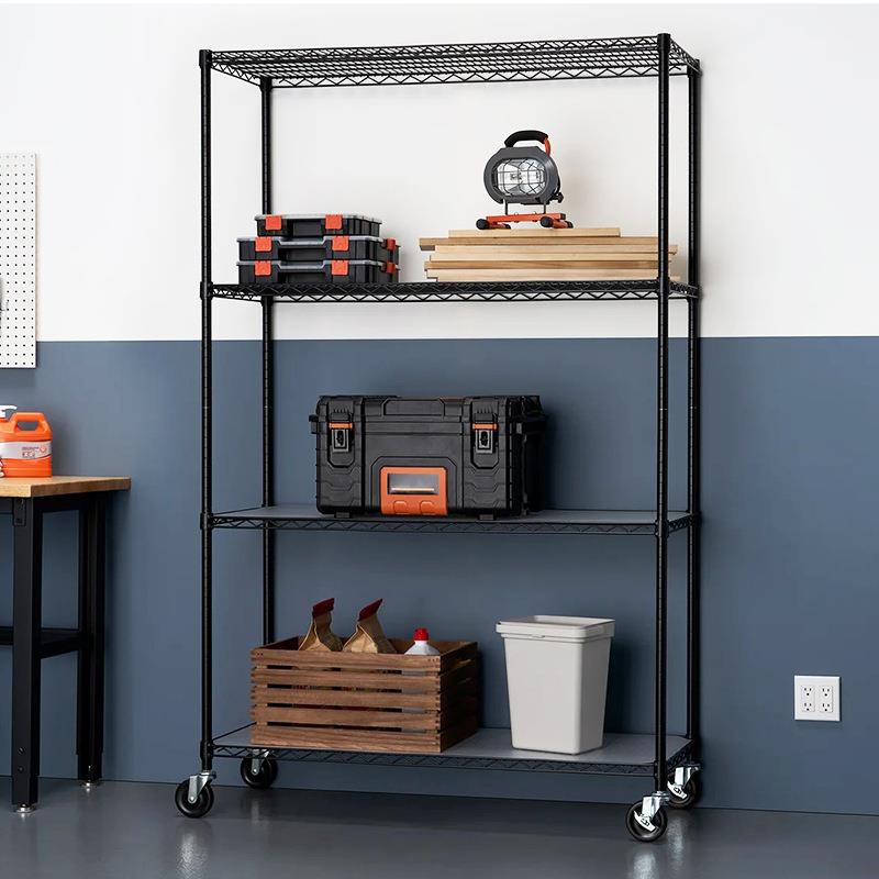 多功能四层简易轻型金属货架自由组合带轮线网地下室仓库仓储货架