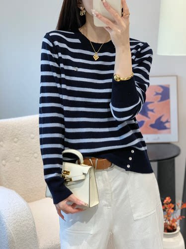 100%绵羊毛秋冬条纹圆领女毛衫