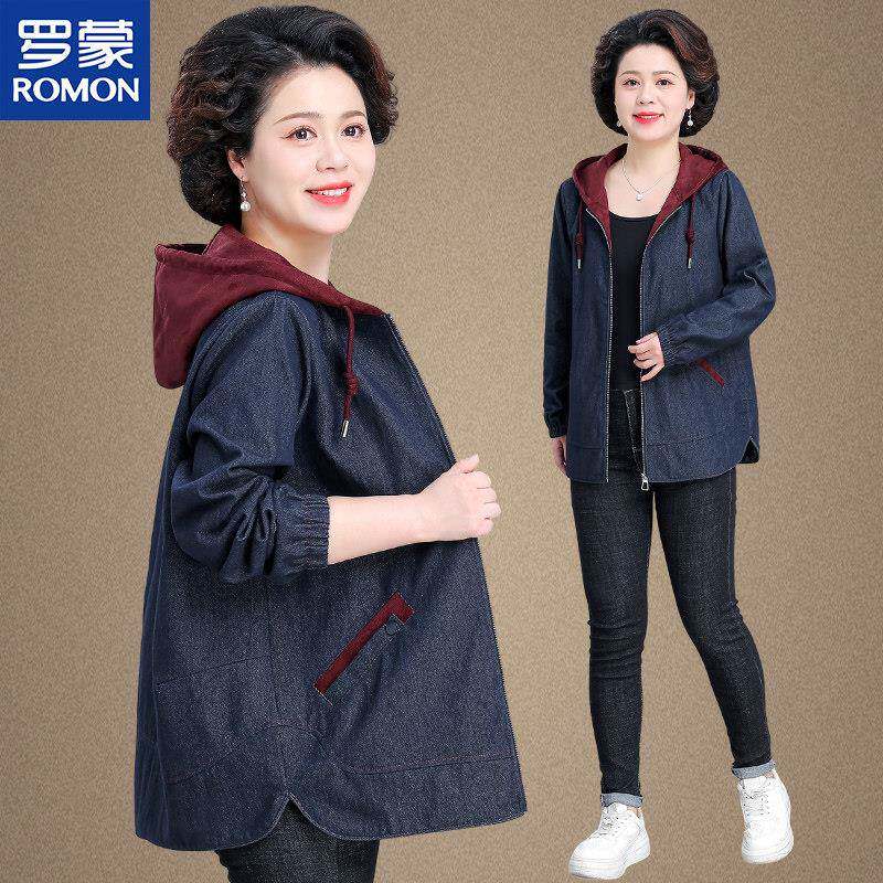 罗蒙50多岁妈妈春装牛仔外套加肥加大码风衣中老年人女春秋上衣服