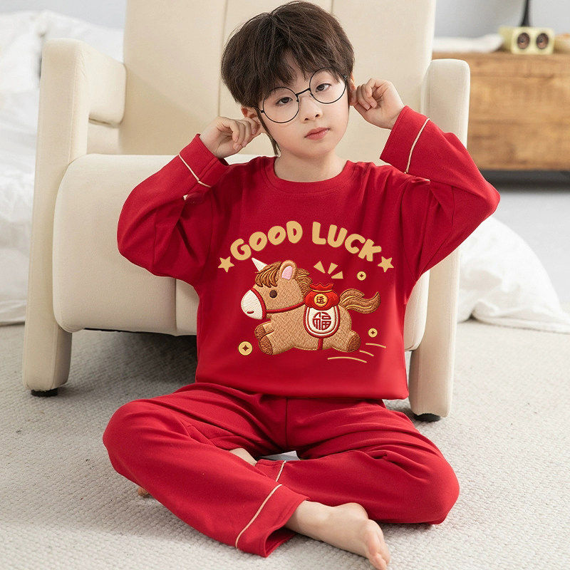 全棉纯棉2026新款男孩睡衣儿童春秋季纯棉本命年大红色长袖全棉薄,童装/婴儿装/亲子装,家居服套装,淘宝优惠券,粉丝福利购,淘宝优惠卷