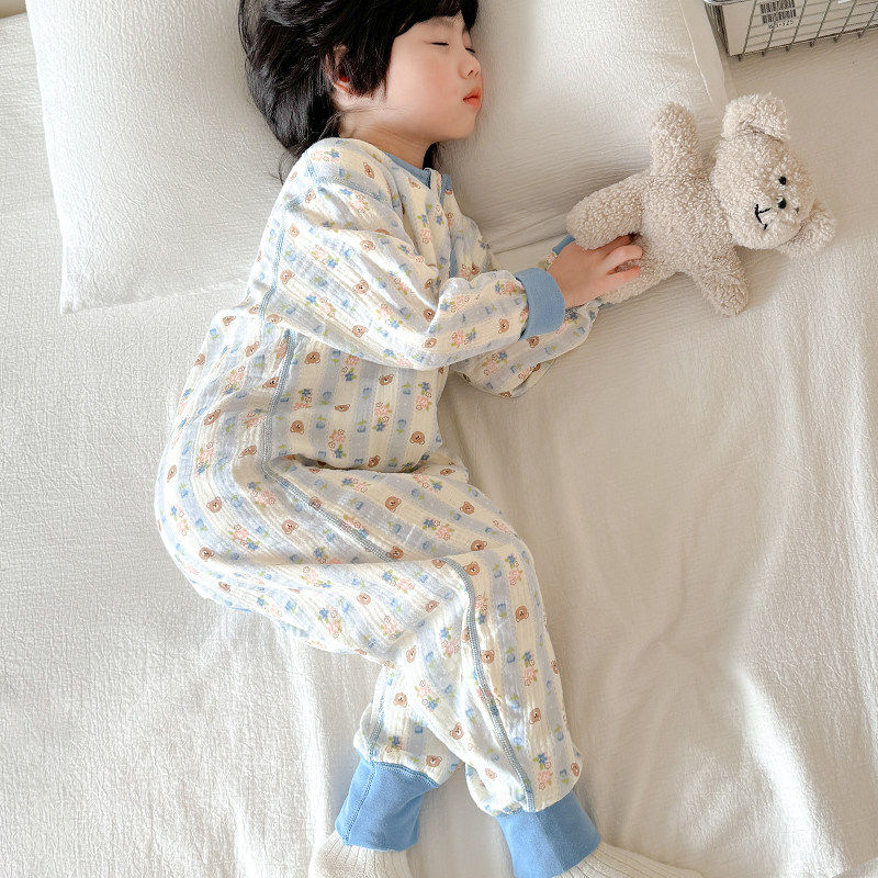 全棉纯棉春夏季儿童连体睡衣纯棉纱布睡袋婴儿薄款男宝宝双层透气