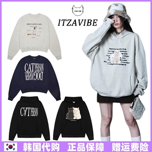 韩国潮牌itzavibe天使猫咪卫衣连帽纯棉宽松圆领李帝努罗民同款