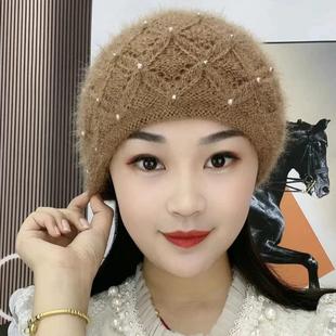 手工双层保暖针织帽时尚 帽子女 珍珠头套护耳包头帽堆堆帽妈妈冬季
