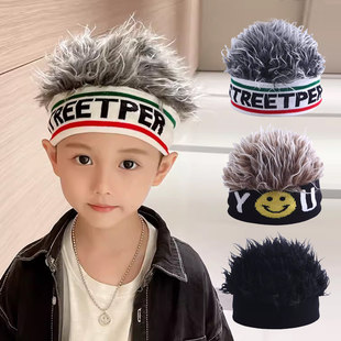 儿童帽子秋冬季 套头帽 男童假发帽宝宝街舞帽帅气针织头套潮流个性