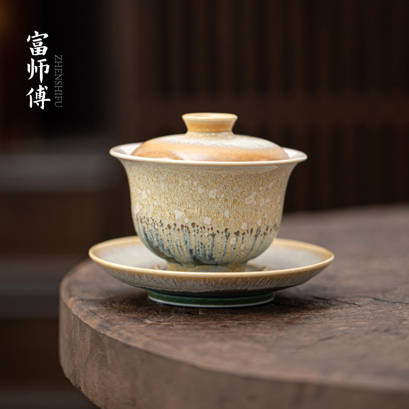 景德镇纯手工结晶釉三才盖碗茶杯窑变松针功夫茶具陶瓷泡茶碗单个