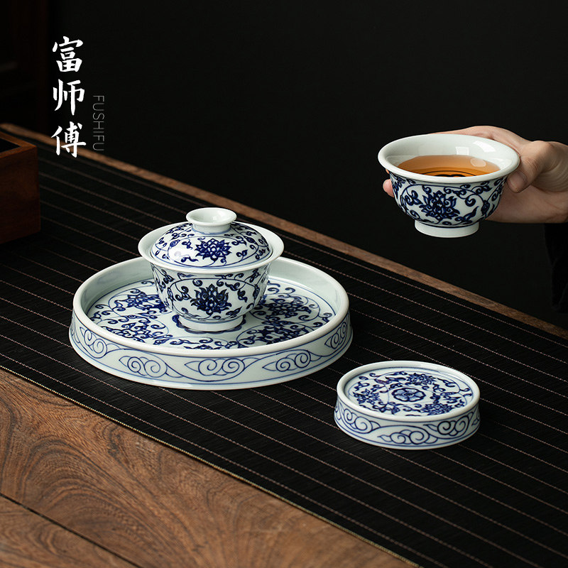 景德镇纯手绘青花瓷缠枝莲盖碗茶杯子功夫茶具家用陶瓷泡茶器整套