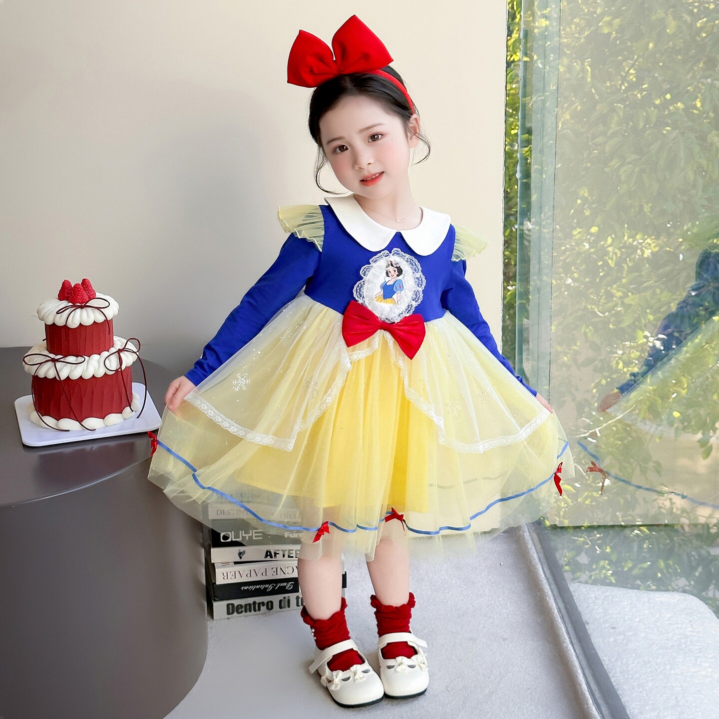 女童春秋新款白雪公主连衣裙蝴蝶结网纱裙小姑娘甜美连衣裙礼服裙