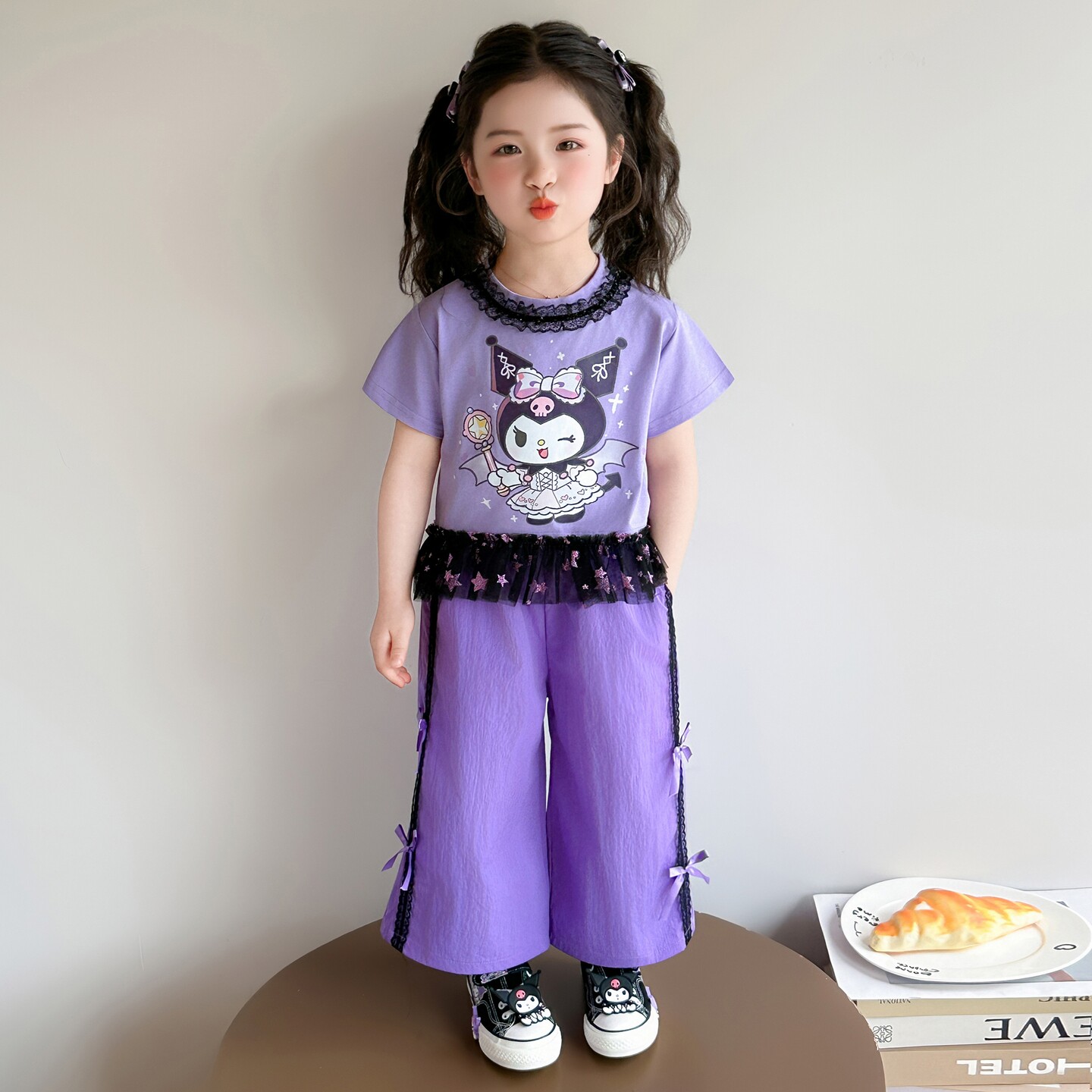 女童夏季新款库洛米蝴蝶结短袖套装女宝宝可爱甜美阔腿裤两件套潮