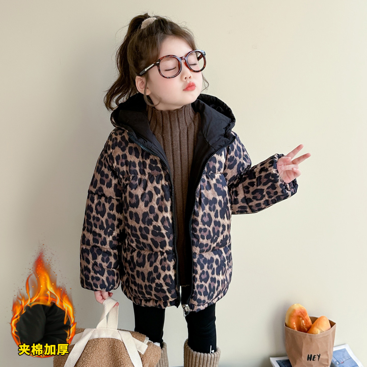 女宝宝冬季新款豹纹两面穿加厚棉衣儿童夹棉洋气棉袄时尚保暖棉服