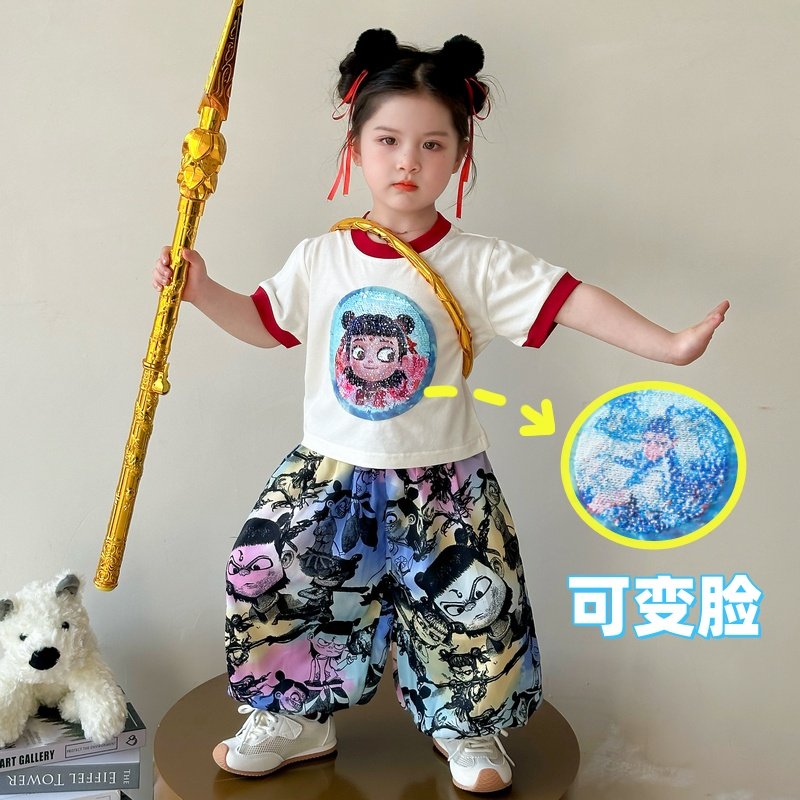 儿.童哪吒变色亮片短袖套装夏季小女孩哪咤休闲防蚊裤两件套纯棉5