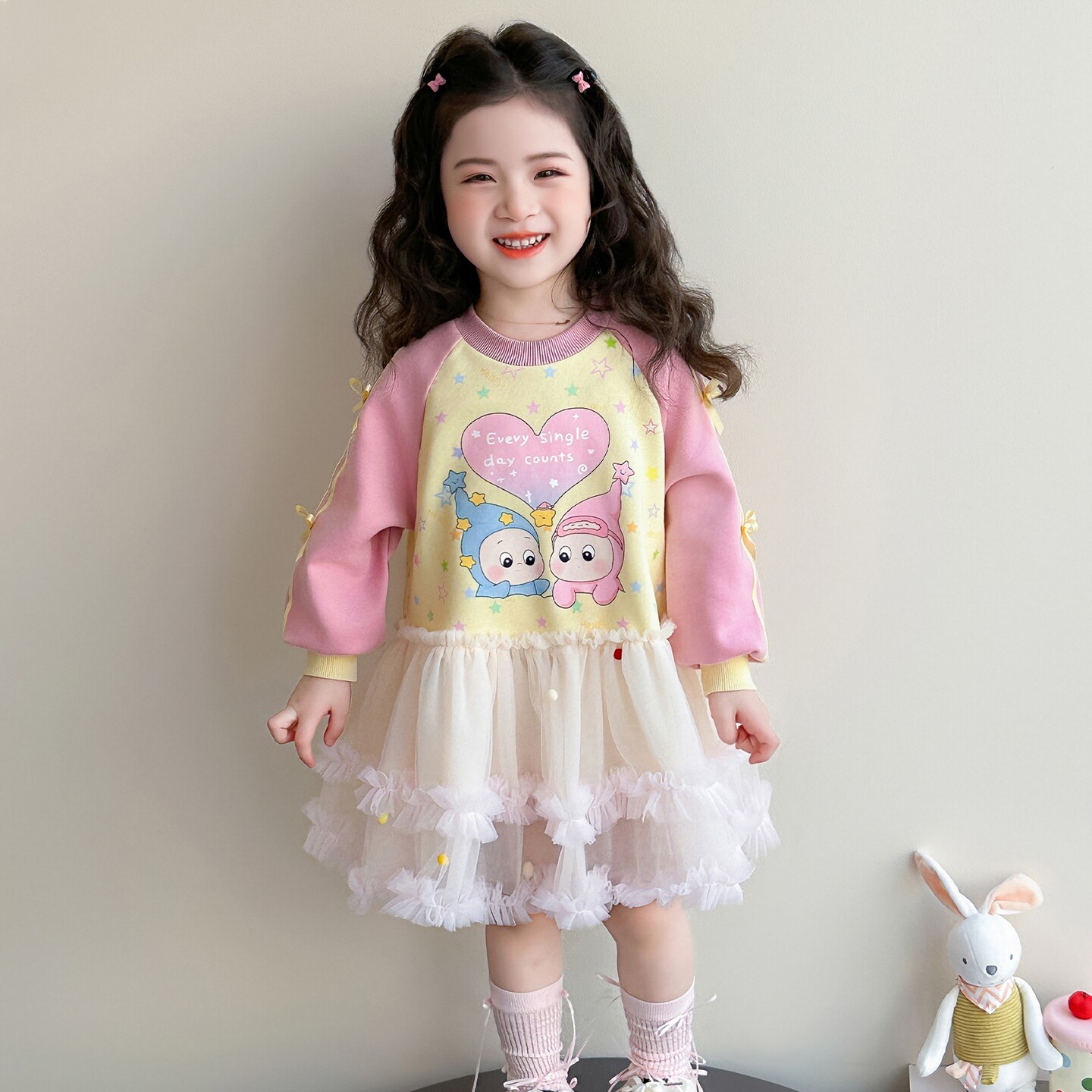 女童春秋新款卡通小精灵卫衣裙女宝宝甜美网纱裙萌趣拼接连衣裙潮